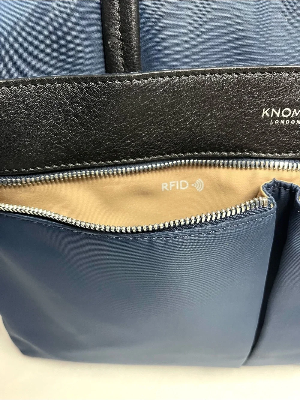 KNOMO London Hanover 14” Slim Briefcase in Navy Nylon w/Black Leather Trim